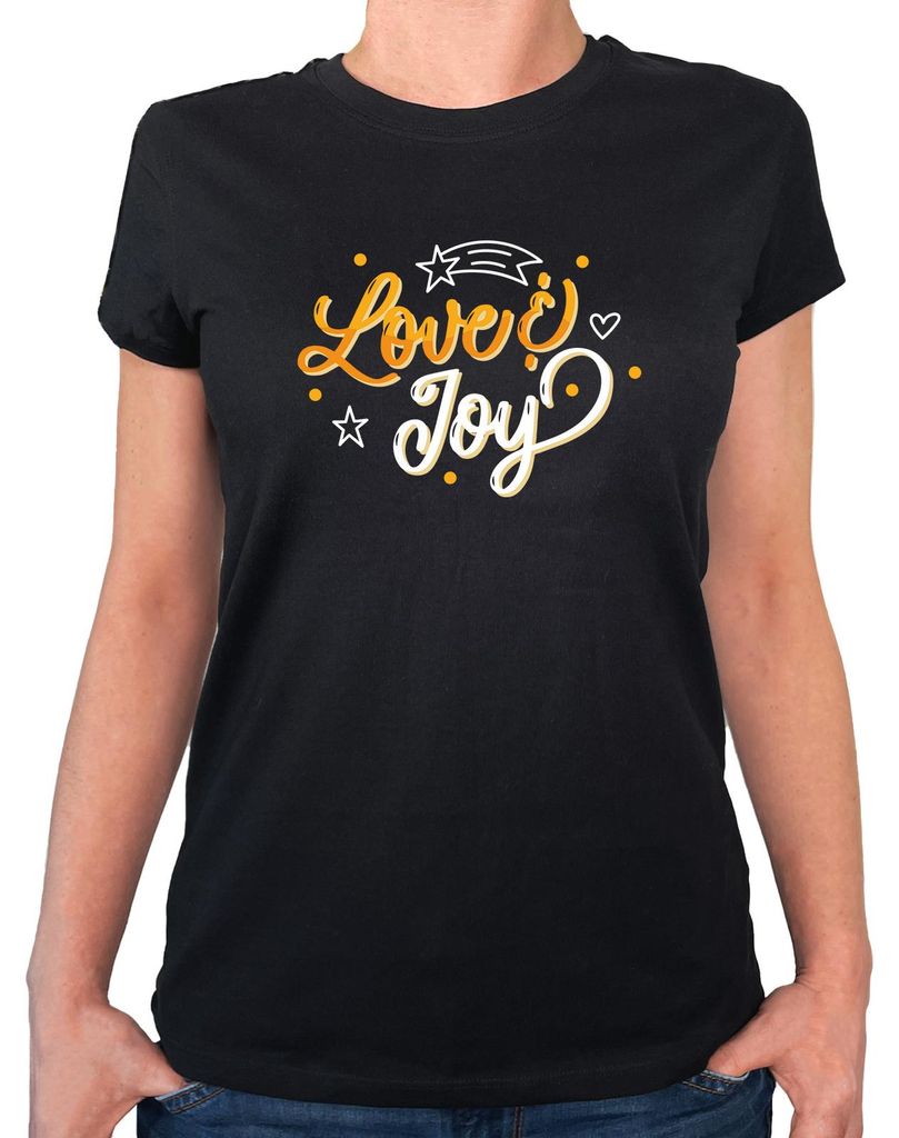 Huuraa Damen T-Shirt Love & Joy Schriftzug XS Black Bio Baumwolle Fairtrade Damenshirt Geschenkidee