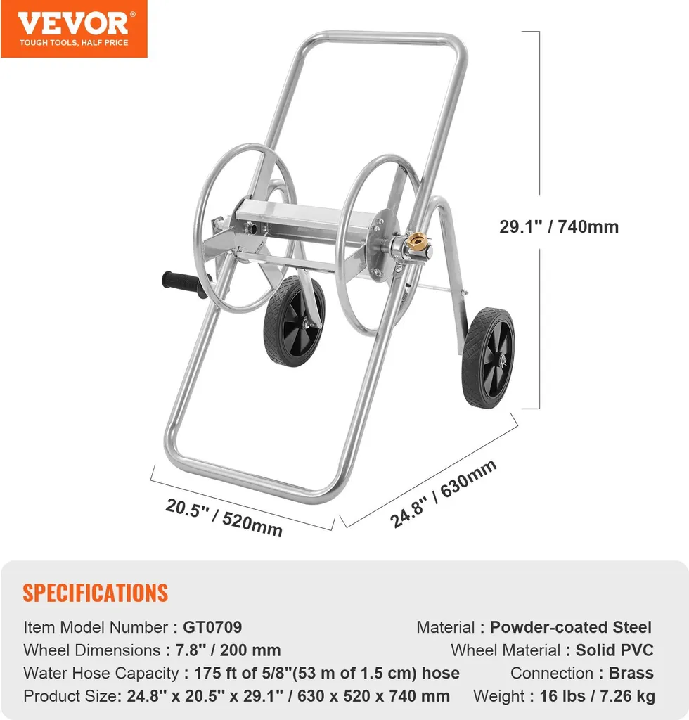 Avvolgitubo Professionale 175ft con Ruote: Carrello Acciaio Giardino - 7