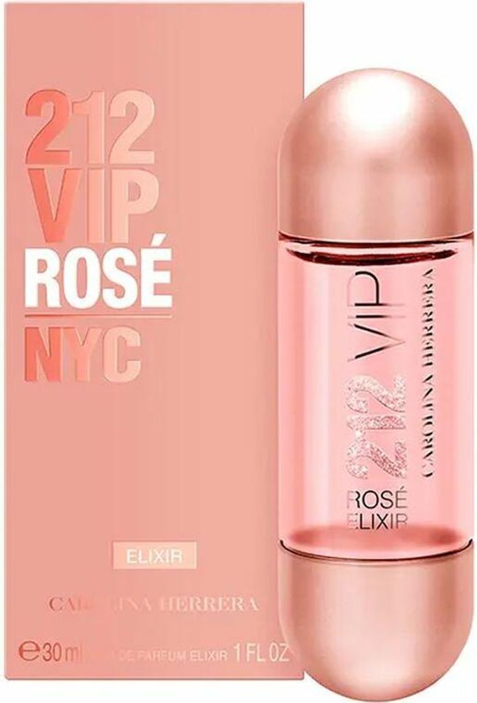 A bottle of Carolina Herrera 212 VIP Rosé Elixir perfume and its packaging are displayed against a white background.