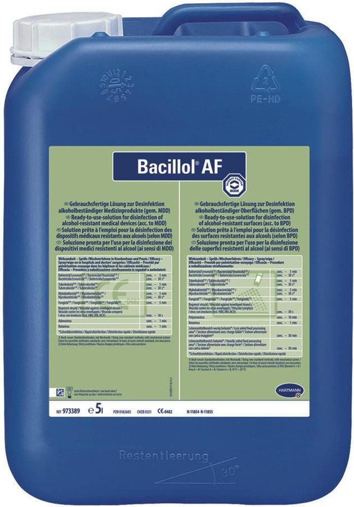 A large blue plastic container of disinfectant with a green label.
