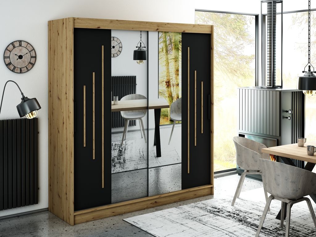 MINIO Kleiderschränk 200 cm LETO Y1 Schwarz matt / Artisa-Eiche