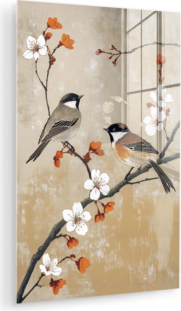 MuchoWow Glasbilder - Bilder auf Wandbild - Foto auf Glas Vögel - Blütenzweig - Orange 60x90 cm Wanddekoration aus Glas - Acrylglasbild - Acrylbi...