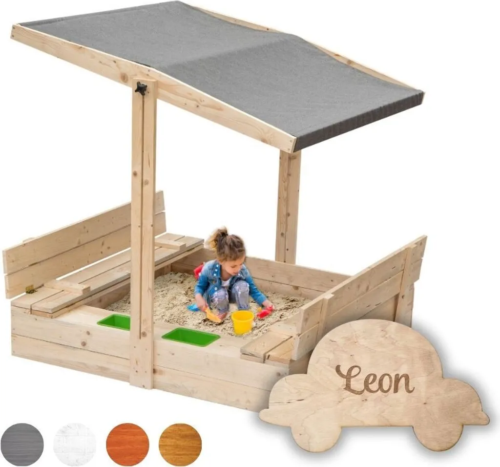 Flumi Bac à sable 120x120 avec Toit, Bancs et Personnalisation Nom - Gris