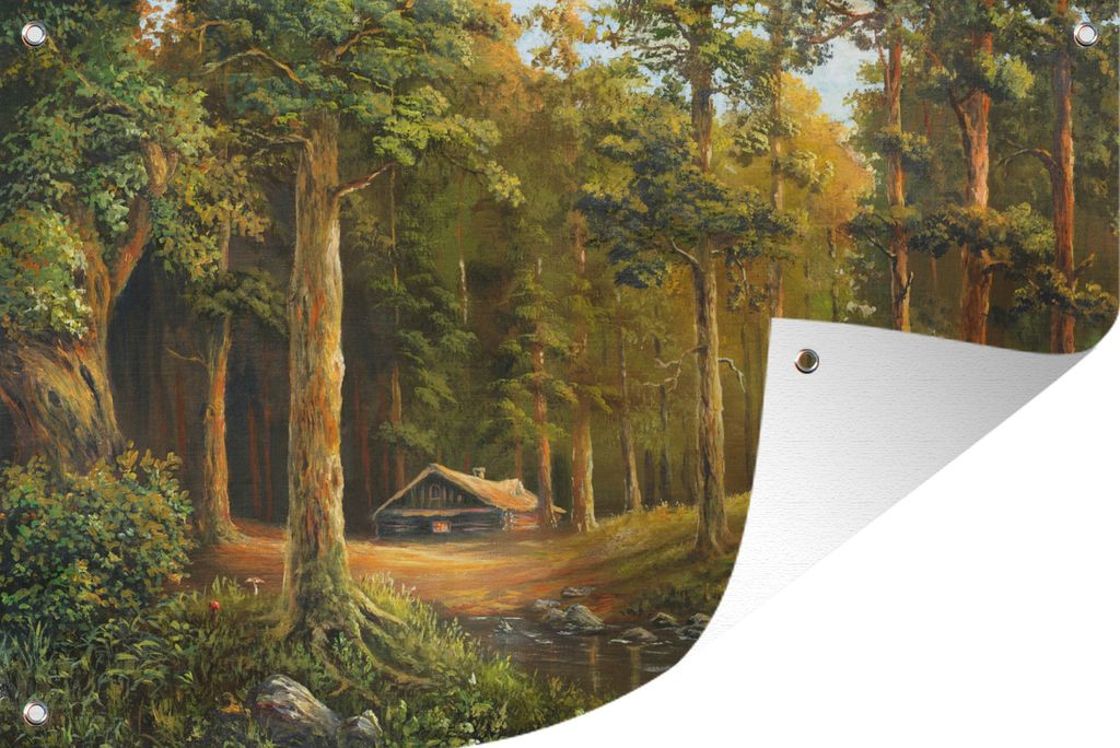MuchoWow 90x60 cm Outdoor-Poster Gartendeko Sichtschutz Garten Poster für den Garten Eine Illustration einer Hütte in einem Wald