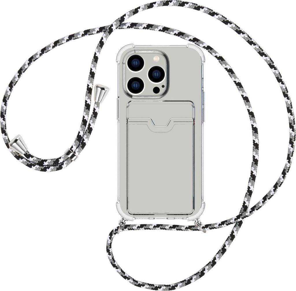 Handykette Backcover-Schutzhülle mit Band (Metall silberfarben) für Apple iPhone 15 Pro - schwarz/grau/weiß