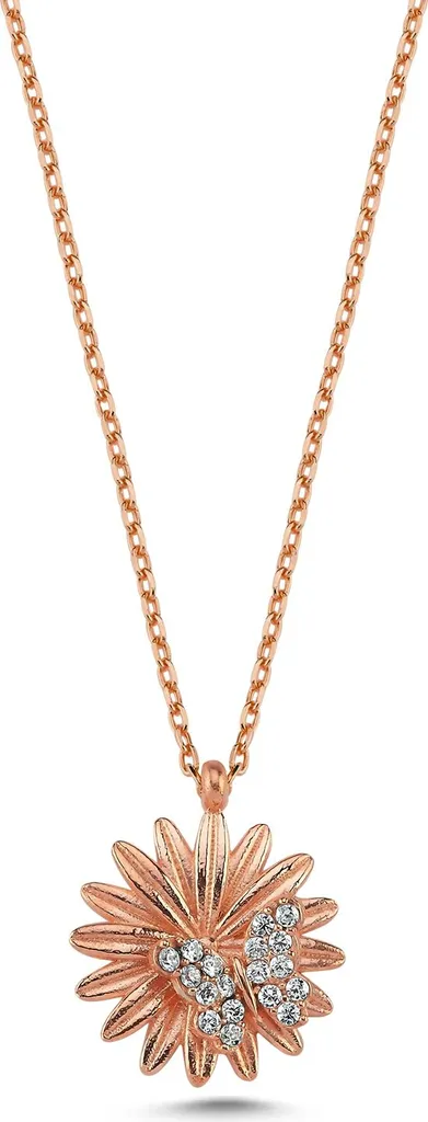 Collier en argent 925 fleur or rose et papillon serti de zircone