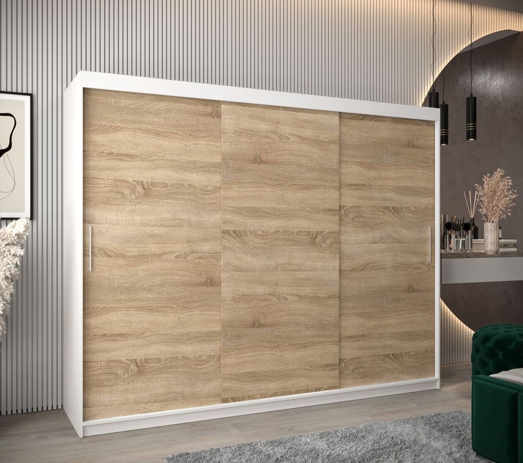 Schwebetürenschrank mit einer Breite von 250 cm TIMEA – Weiß / Eiche Sonoma