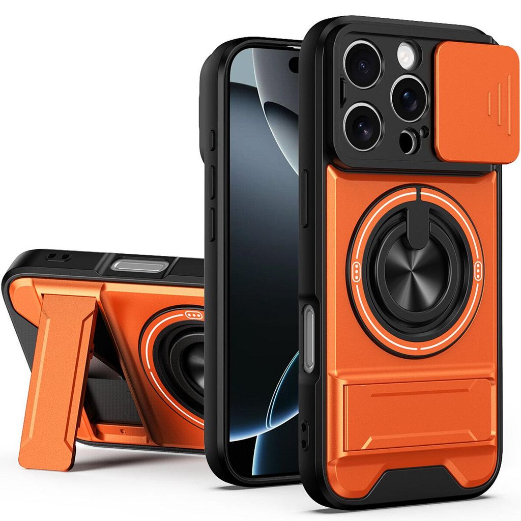 Magnetisch Hülle für iPhone 16 Pro Militär Stoßfest Hülle mit Dia Kameraschutz und Ringhalter Ständer Orange