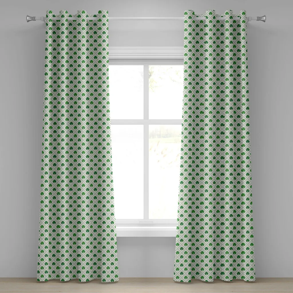 Paire de rideaux décoratifs vert et blanc motif trèfle 280 cm x 175 cm