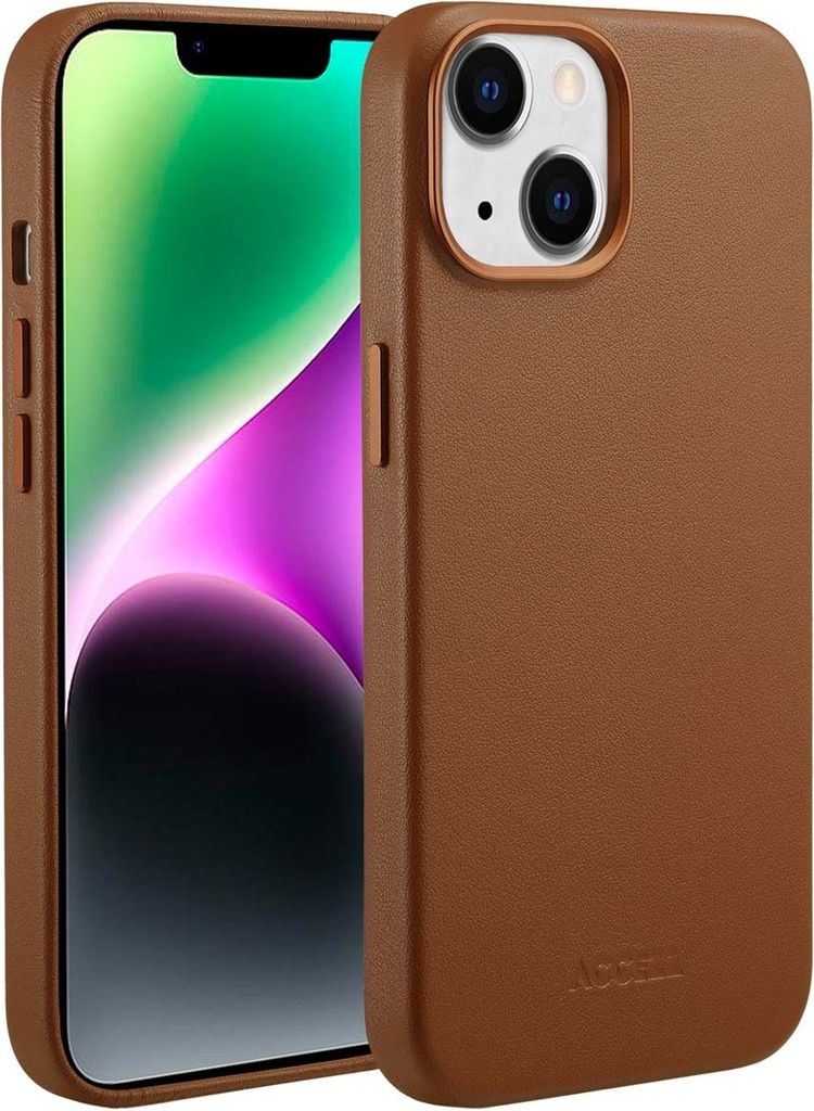 iPhone 14 hülle iPhone 14 Schützhulle MagSafe Leather Backcover Echtes Leder Braun Accezz