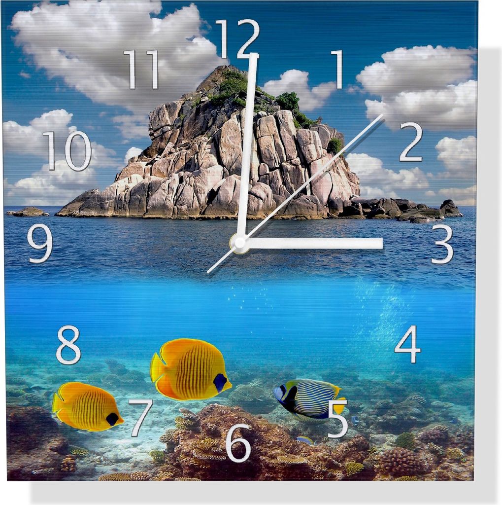 Wallario Design Wanduhr Exotische Fische im Meer aus Aluverbund, Größe 30 x 30 cm