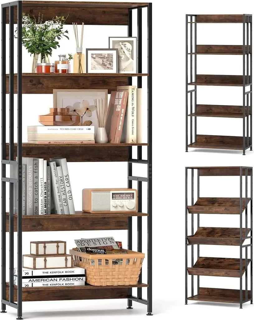 Bibliothèque pour salon et chambre 5 niveaux étagère bois et métal noir