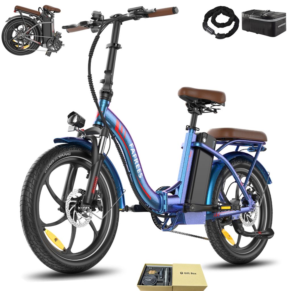 A blue electric bicycle with brown accents, shown from a front-side angle, with accessories like a lock and bag in the background.
