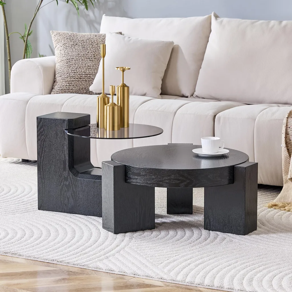 Table basse modulable plateau verre gris et pieds bois noir démontable