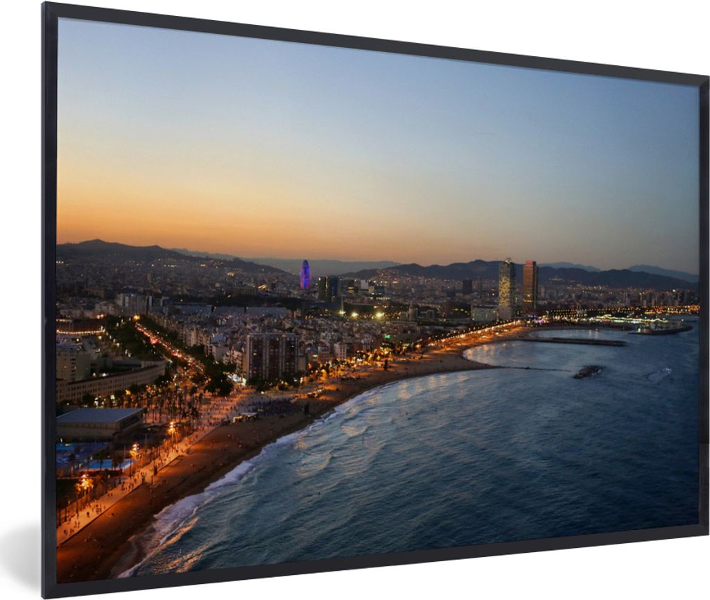 MuchoWow MuchoWow Gerahmtes Poster Skyline - Barcelona - Nacht 30x20 cm - Poster mit zchwarzem Bilderrahmen - Kunstdruck - Bild-Poster