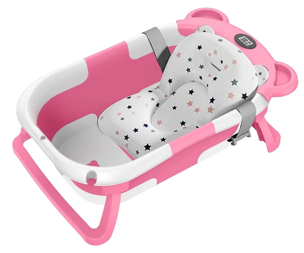 Baignoire bébé pour petit espace pliable Babwanne rose et thermomètre