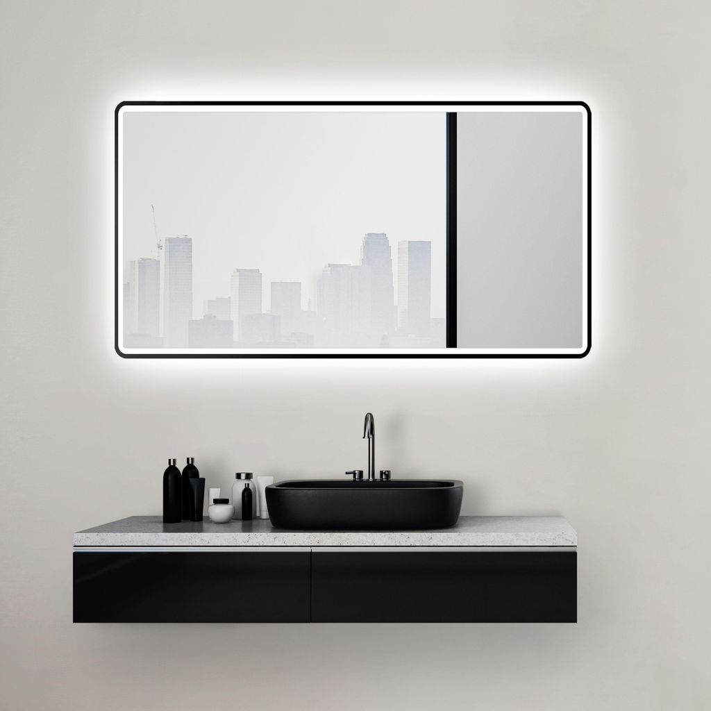 LED Badspiegel 120×70 cm, schwarz, Alurahmen, Licht Produktbild 