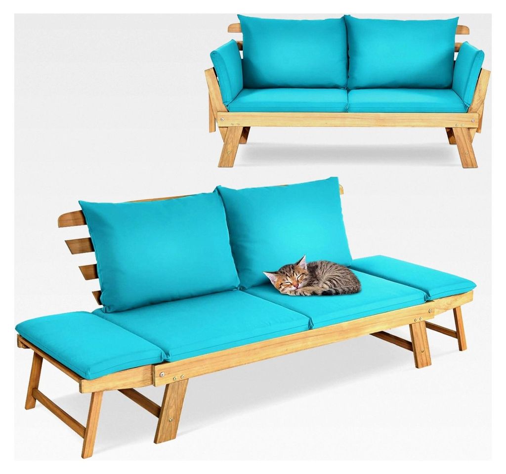 Liegesofa mit klappbaren Seitenlehnen, Gartenbank mit Auflagen, Sonnenliege aus Akazienholz, Multifunktionsbank für Balkon und Garten, grau/beige
