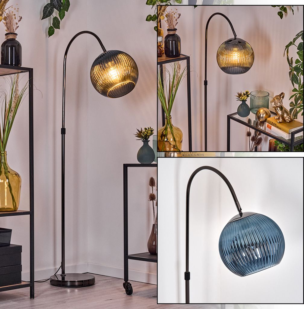 Cesaro Stehlampe aus Metall/Riffelglas in Schwarz/Chrom/Blau im Retro-Design