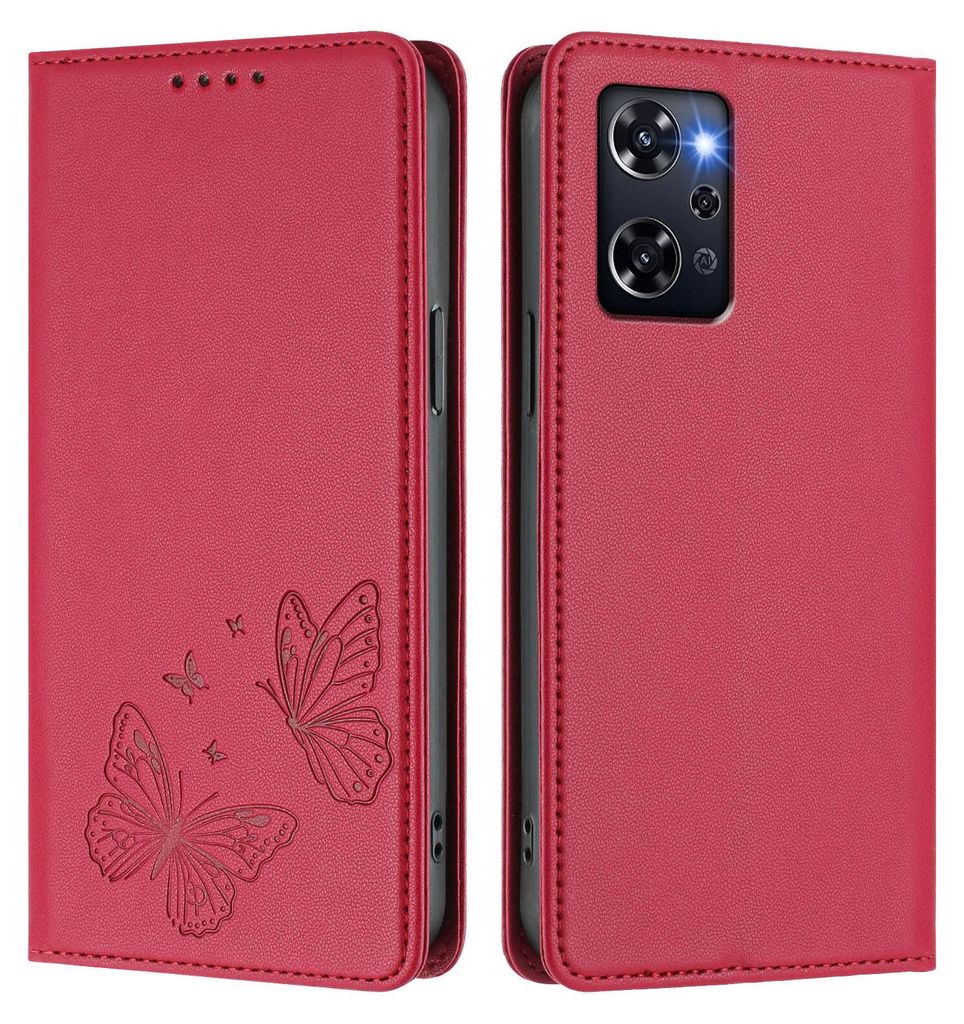 Lederhülle für Oppo Reno9 A, Schmetterling Prägung Leder Brieftasche Schutzhülle mit Ständer Rot