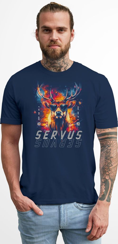 Herren T-Shirt Servus Hirsch Trachtenshirt Modern Techno Style Fashion Streetstyle Neverless bunt navy 3XL