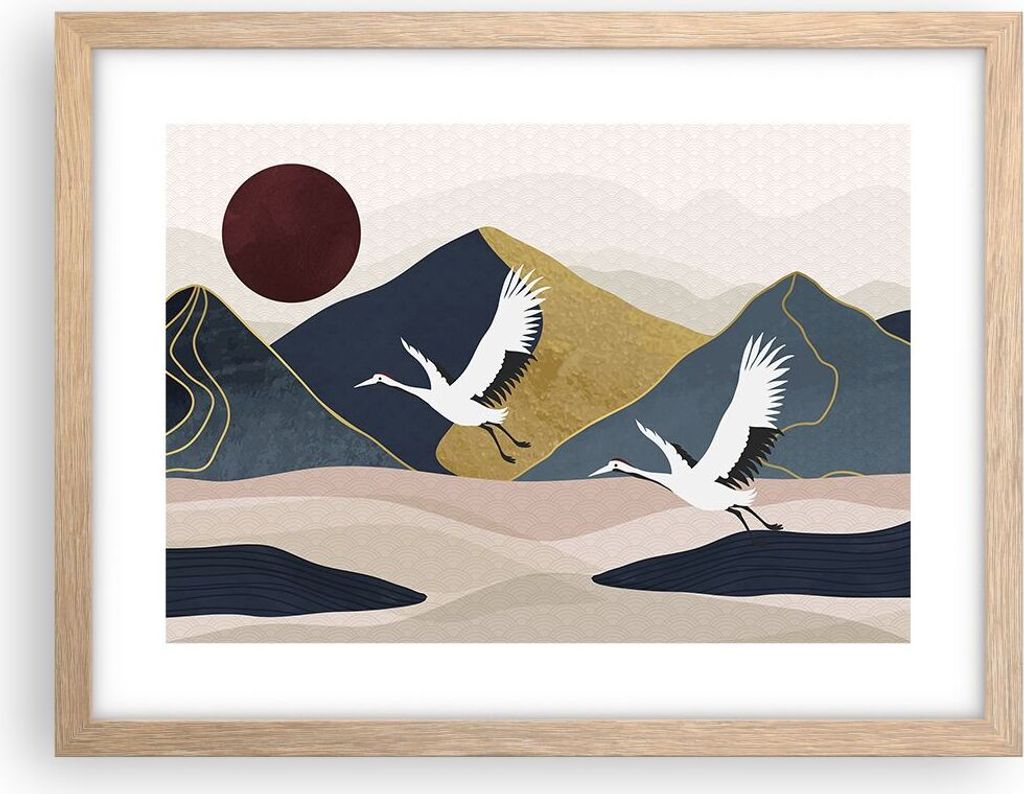 Gerahmtes Poster - Rahmen in heller Eiche - Kraniche Berge Sonne - 40x30 cm - Wand Bild - Wanddeko - Wandbilder - Kunstposter - Wandposter - Bilder...