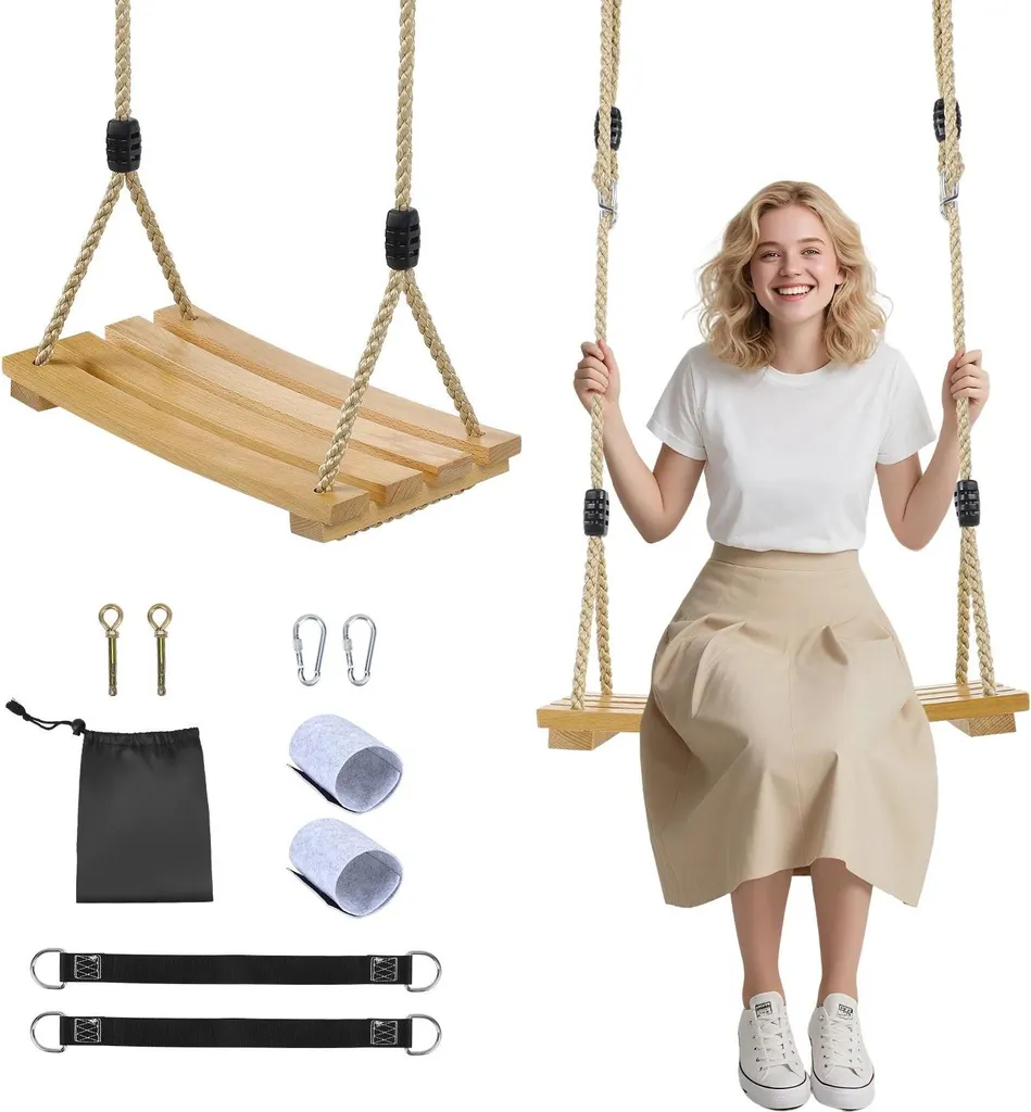 Balançoire en bois enfant sécurisée avec assise réglable et robuste jaune