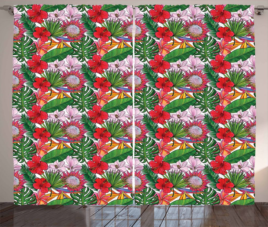 ABAKUHAUS Tropisch Rustikaler Vorhang, Exotisches Botanik-Konzept, Wohnzimmer Universalband Gardinen mit Schlaufen und Haken, 280 x 225 cm, Mehrfarbig