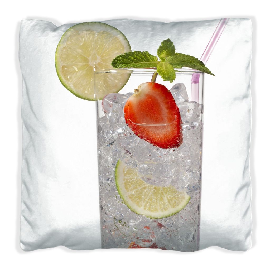 Wallario Premium Kissen, weiche Oberfläche, mit Motiv Glas Wasser mit Erdbeeren, Größe: 30 x 30 cm, mit weißer Rückseite