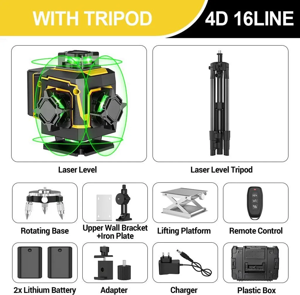 Niveau Laser de Chantier 4D Vert 360 Degrés avec Trépied Ajustable 1m