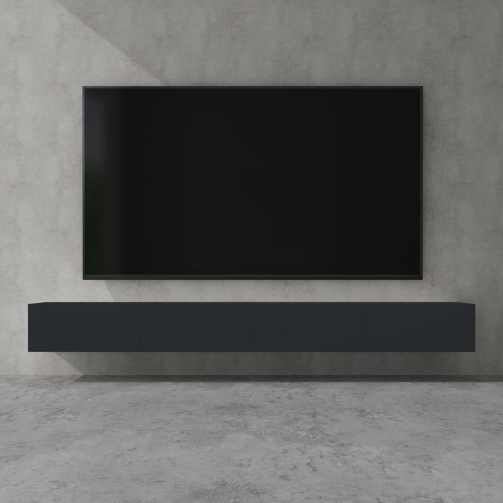 A modern TV stand mounted on a concrete wall, with a flat-screen TV above it.