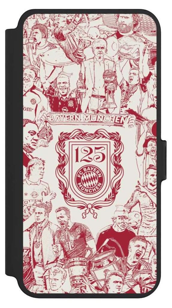 NIVOCASE Klapphülle für Samsung Galaxy S25+ Handyhülle aus Kunst Leder NIVOflip schwarz FC Bayern München Offizielles Lizenzprodukt FCB 125 Jahre