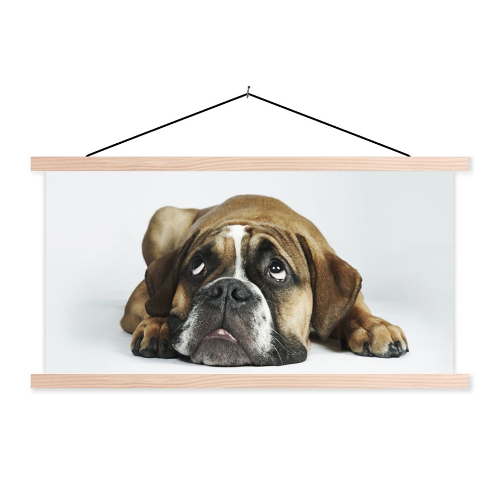 MuchoWow Textilposter Hund - Haustiere - Weiß 120x60 cm mit holzfarbenen Rahmen - Klemmleiste