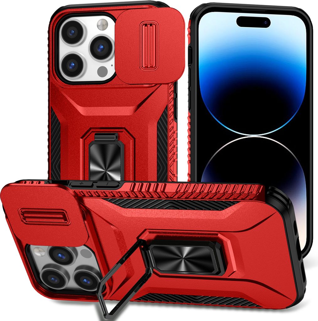 Handyhülle für iPhone 13 Pro Max Dual Layer Hülle mit Schiebe Kamera Schutz und Ringhalter Ständer Rot