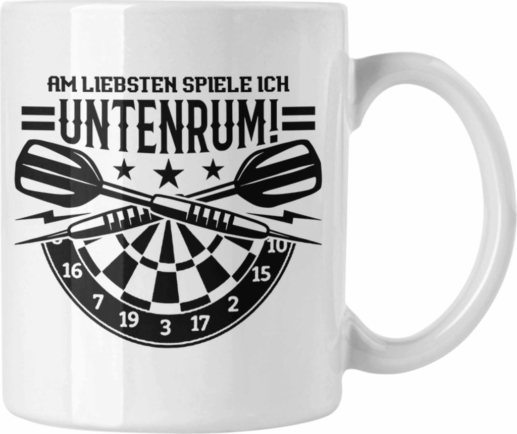 Trendation - Lustige Dart-Spieler Tasse Spruch "Am Liebsten Spiele Ich Untenrum" Geschenk (Weiß)