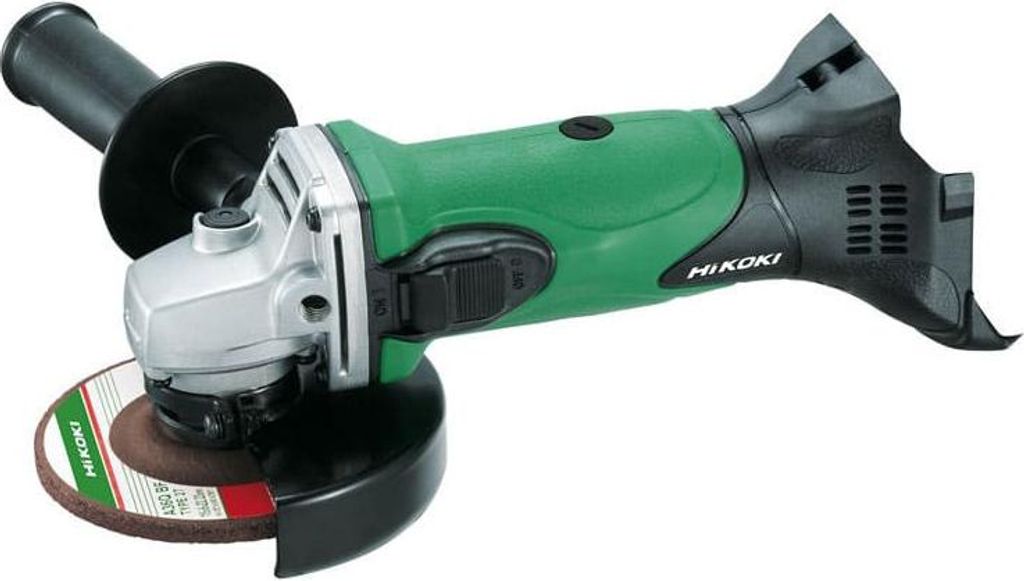 A Hikoki angle grinder is shown against a white background.