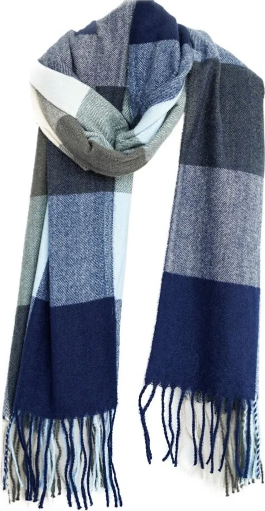 Sciarpa Donna a Quadri Blu e Verde 70x180 cm - Elegante con Frange
