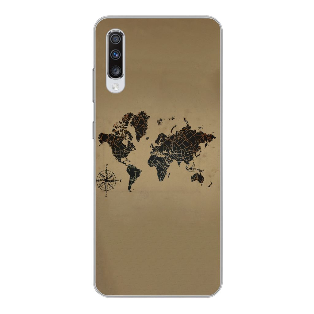 MuchoWow Handyhülle Schutzhülle Hülle für Samsung Galaxy A70 Weltkarte - Design - Vintage Silikon Softcase Handy Hülle - Schutzhaube