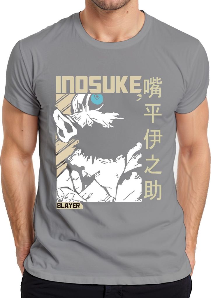Inosuke Demon Slayer Wildschweinmaske Anime Fan Geschenk Japan Y2K Streetwear Herren T-Shirt, Grau, 3XL