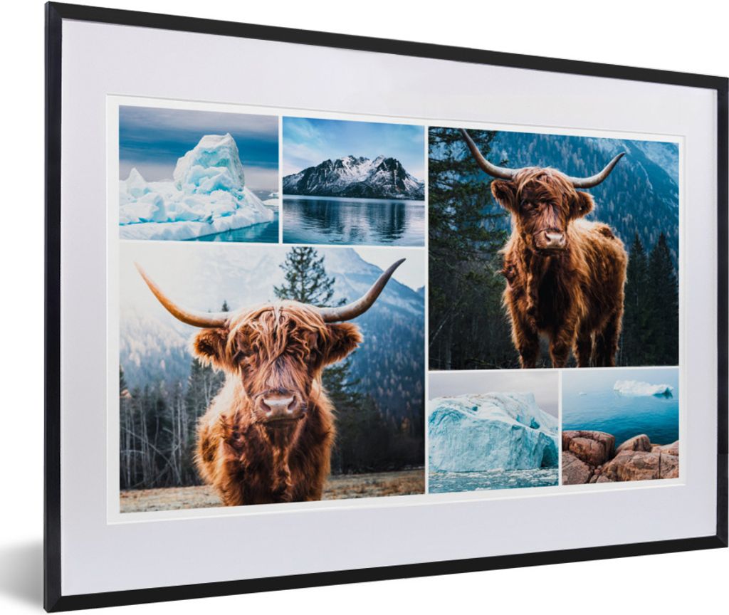 MuchoWow Gerahmtes Poster Schottischer Highlander - Collage - Winter 60x40 cm - Poster mit Schwarzem Bilderrahmen Wandposter Rahmen Foto Bilder -...