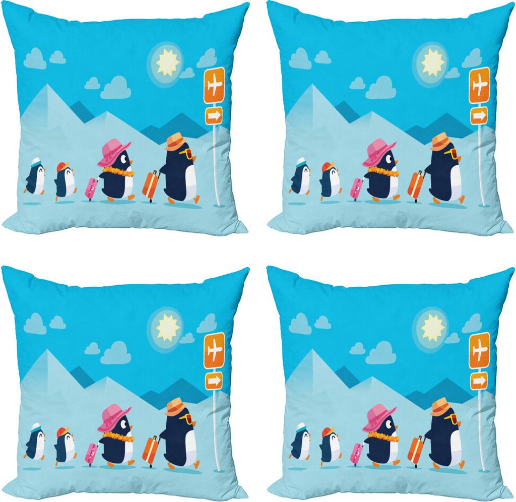 ABAKUHAUS Flughafen Kissenbezug Set (4 Stück), Lustige Pinguin-Familie Trip, Moderner Doppelseitiger Digitaldruck, 40 cm x 40 cm, Mehrfarbig