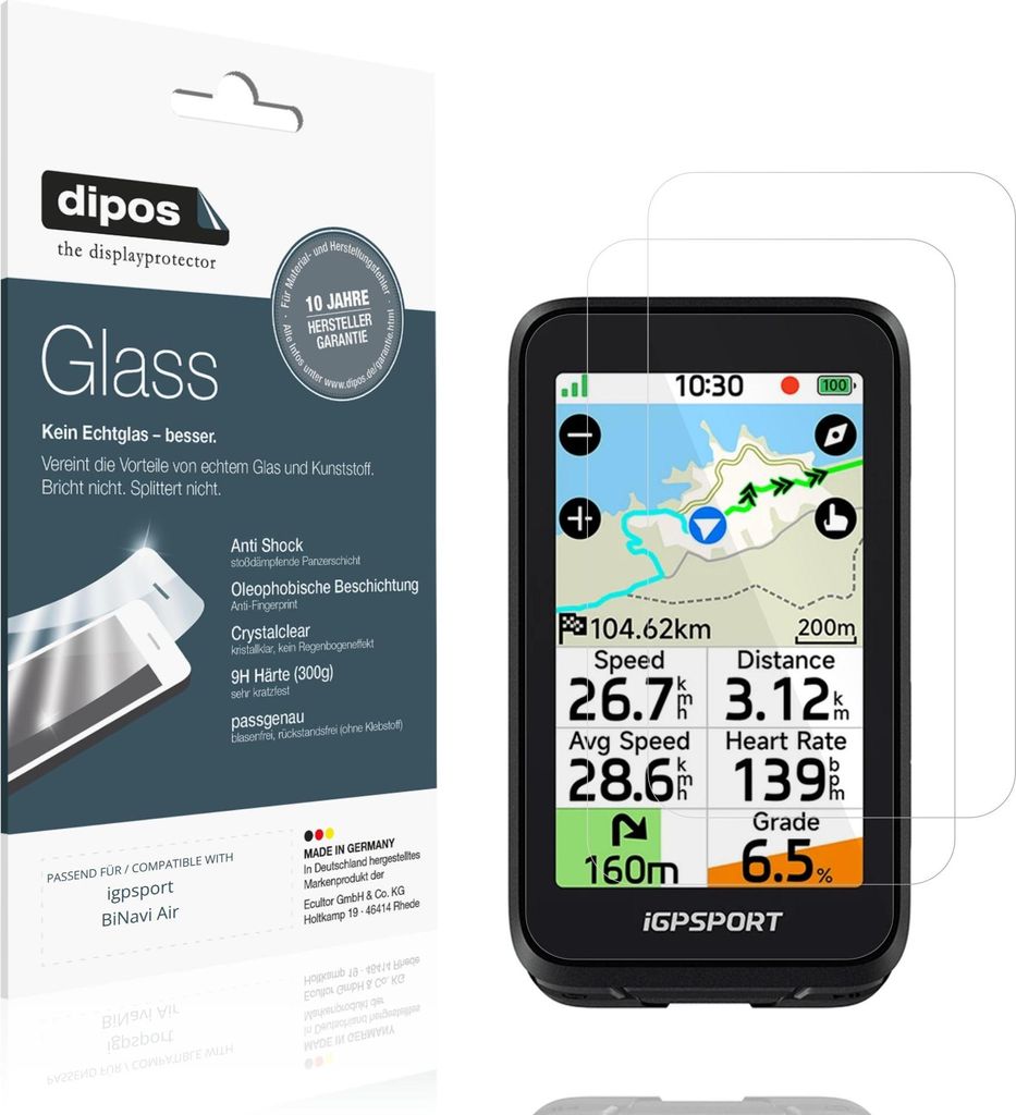 2x Schutzfolie für igpsport BiNavi Air - Anti-Shock 9H Folie dipos Glass Kunststoffglas