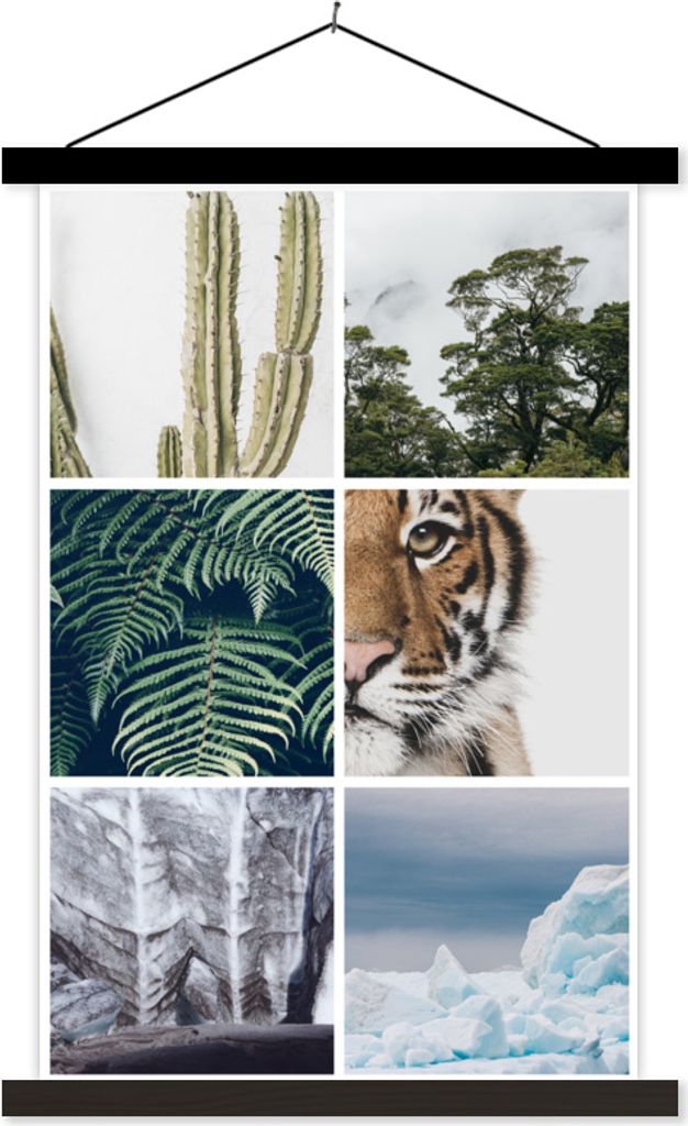 MuchoWow Textilposter Collage - Tiger - Pflanzen - Bäume 60x90 cm mit schwarzem Rahmen - Poster Wohnzimmer