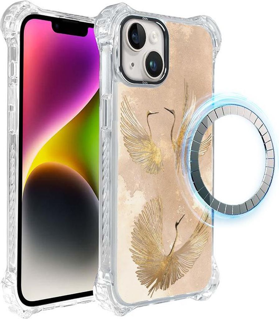 Schutzhülle für das iPhone 14, MagSafe-kompatibel, verstärkte Ecken, transparente Seiten, goldene Vögel, Kraniche