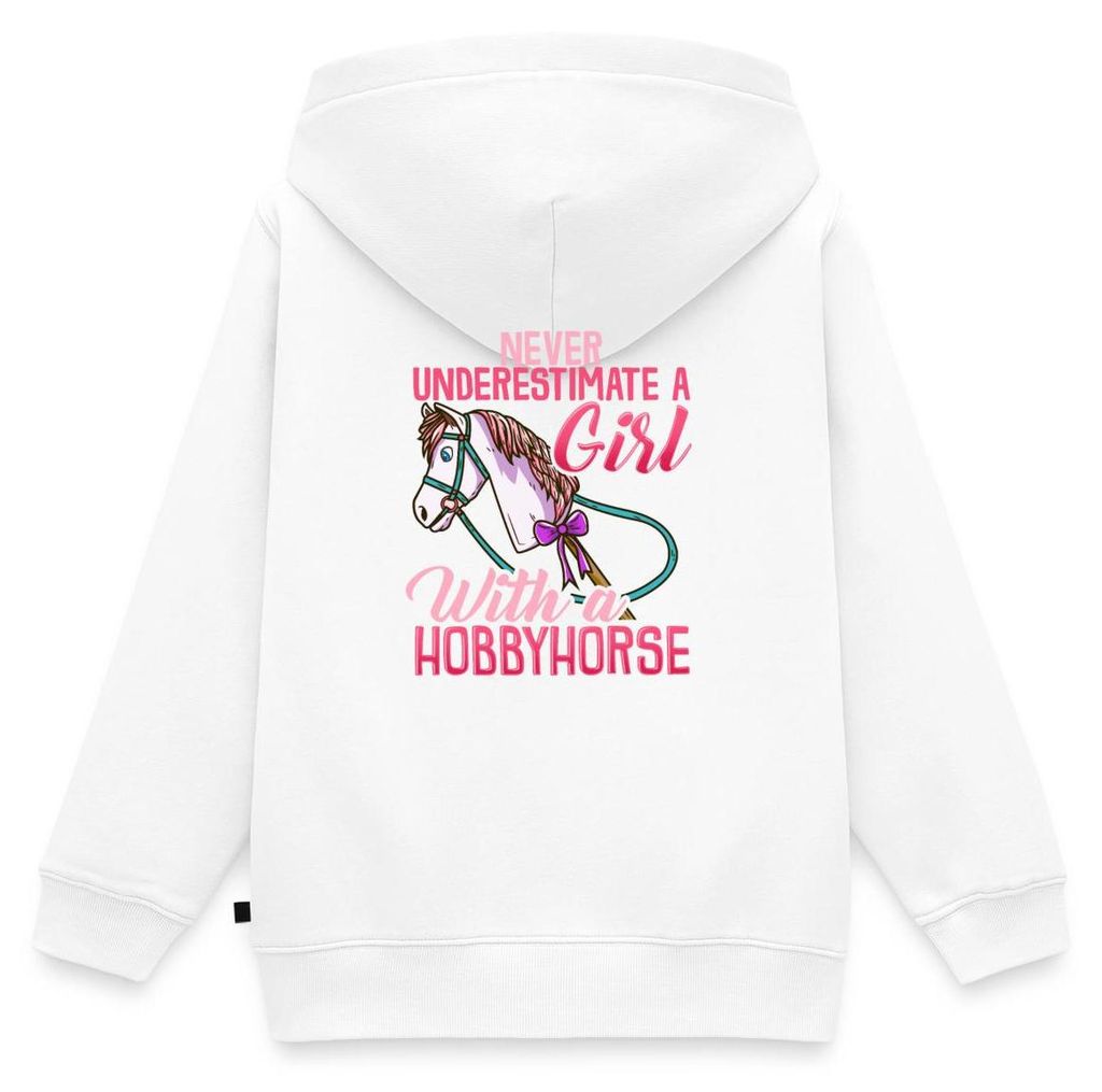 Spreadshirt Never Underestimate A Girl With A Hobbyhorse Kinder Premium Hoodie, 98/104 (2 Jahre), Weiß