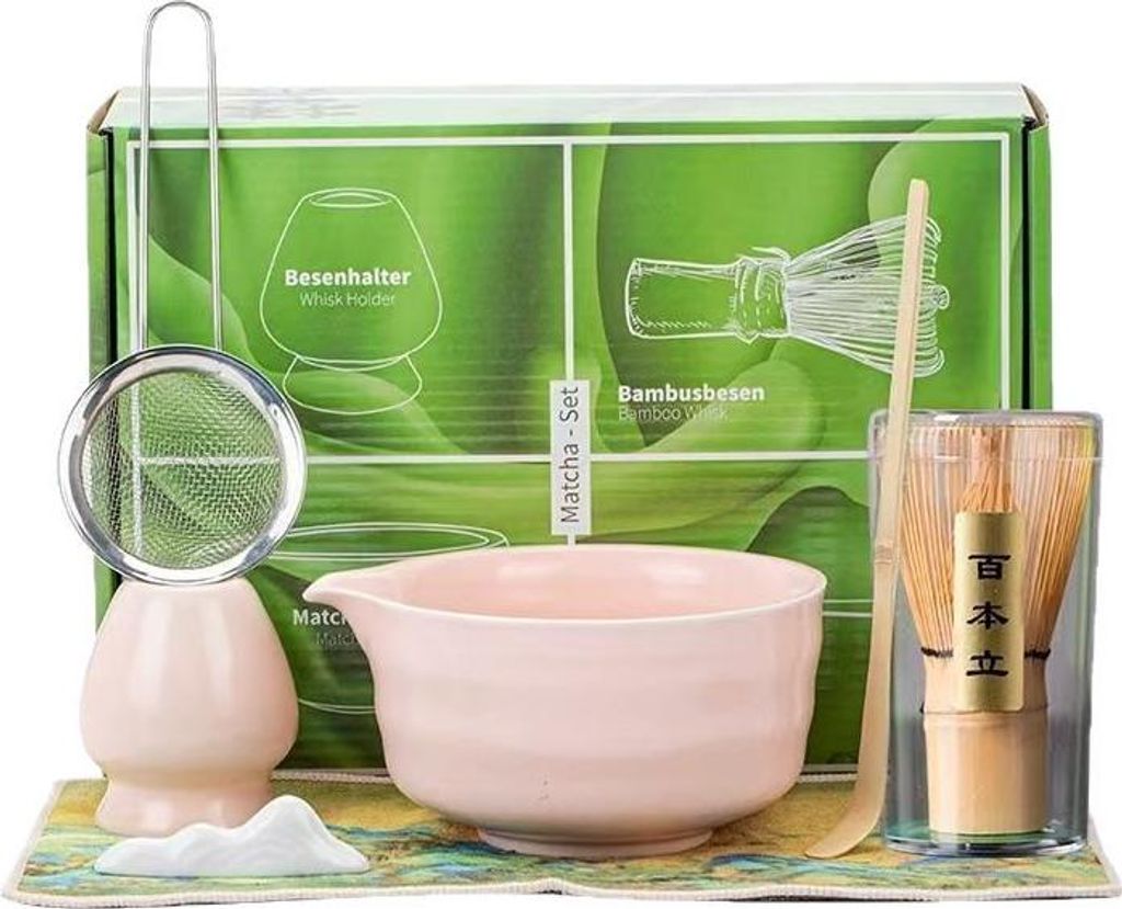 Japanisches Matcha-Set 4-teilig, rosa, mit Schale & Bambus-Schneebesen für Teezeremonie