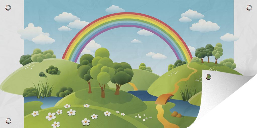 MuchoWow 80x40 cm Outdoor-Poster Gartendeko Sichtschutz Garten Poster für den Garten Eine Illustration einer grünen Landschaft mit einem Regenb...