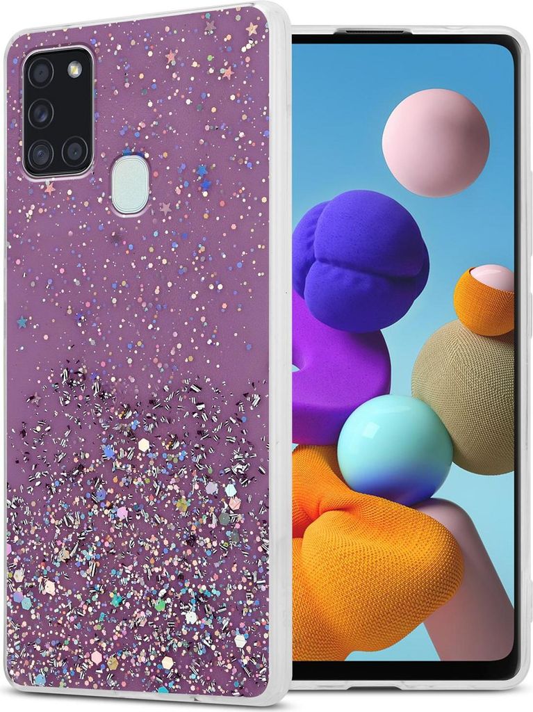 Cadorabo Hülle für Samsung Galaxy A21s Schutz Hülle in Lila Handyhülle TPU Etui Glitter Cover Case Glitzer