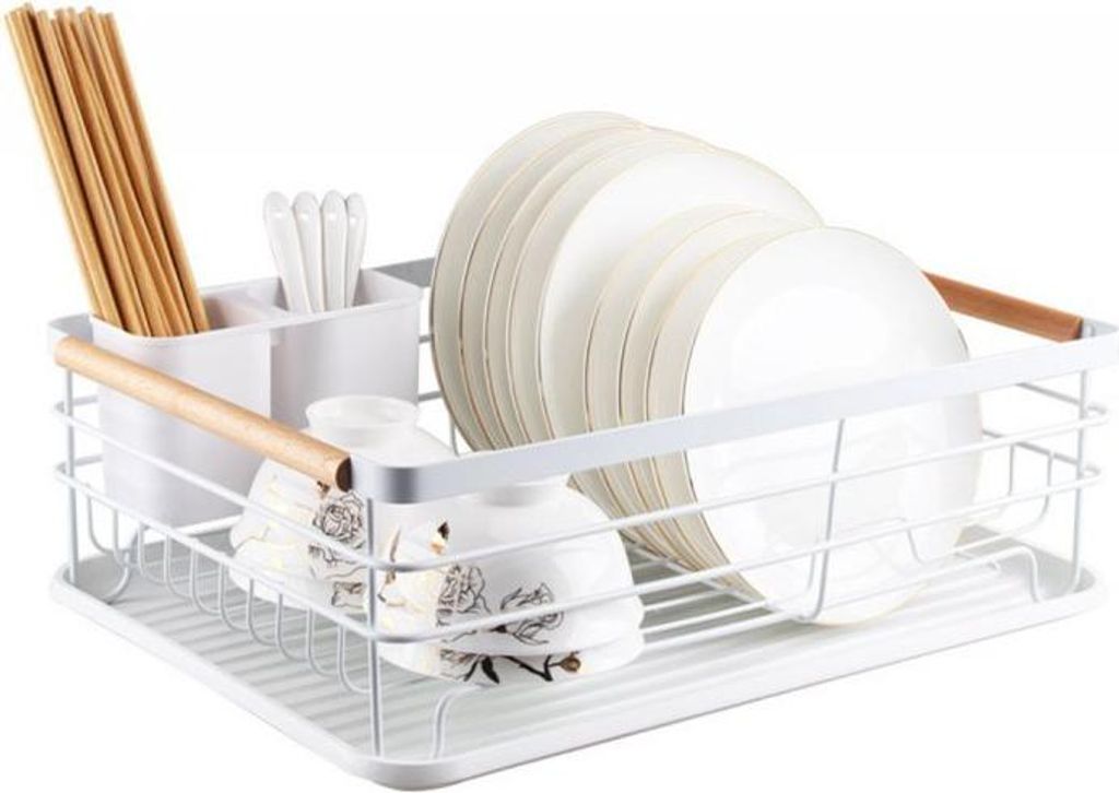 A white dish drying rack with plates, bowls, and chopsticks.
