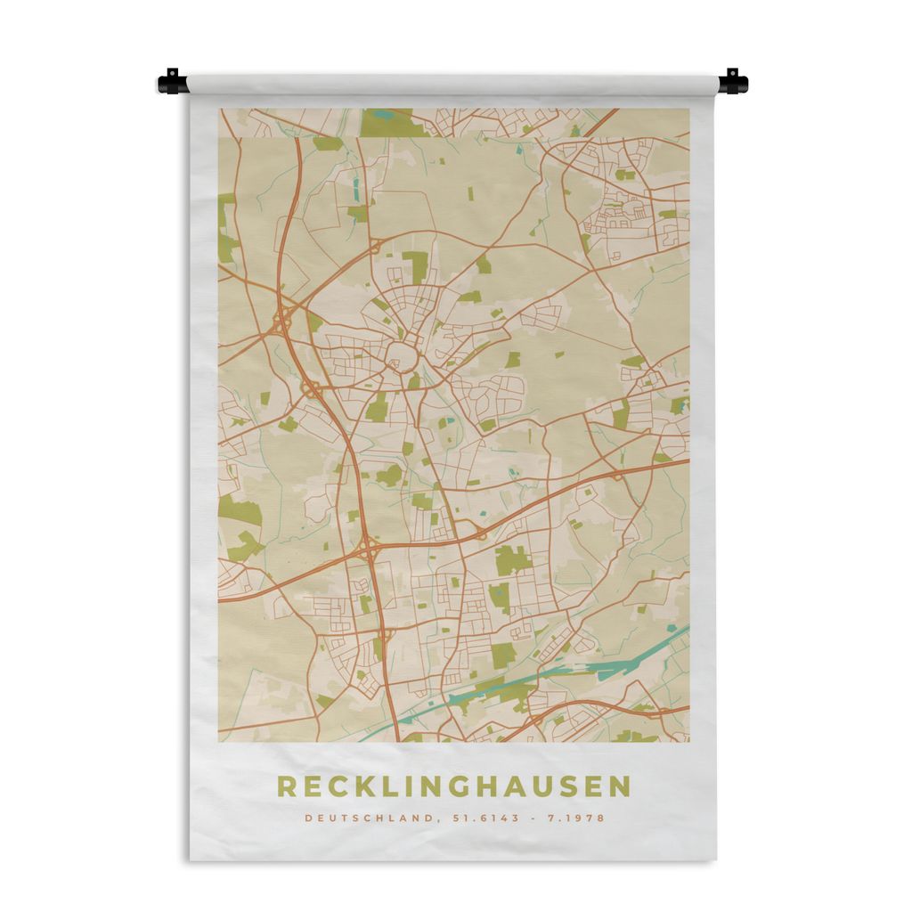 MuchoWow Wandteppich Wandbehang Karte - Recklinghausen - Karte - Stadtplan - Vintage 90x135 cm Tapisserie Dekoration Wandtuch - Baumwolle - Wands...